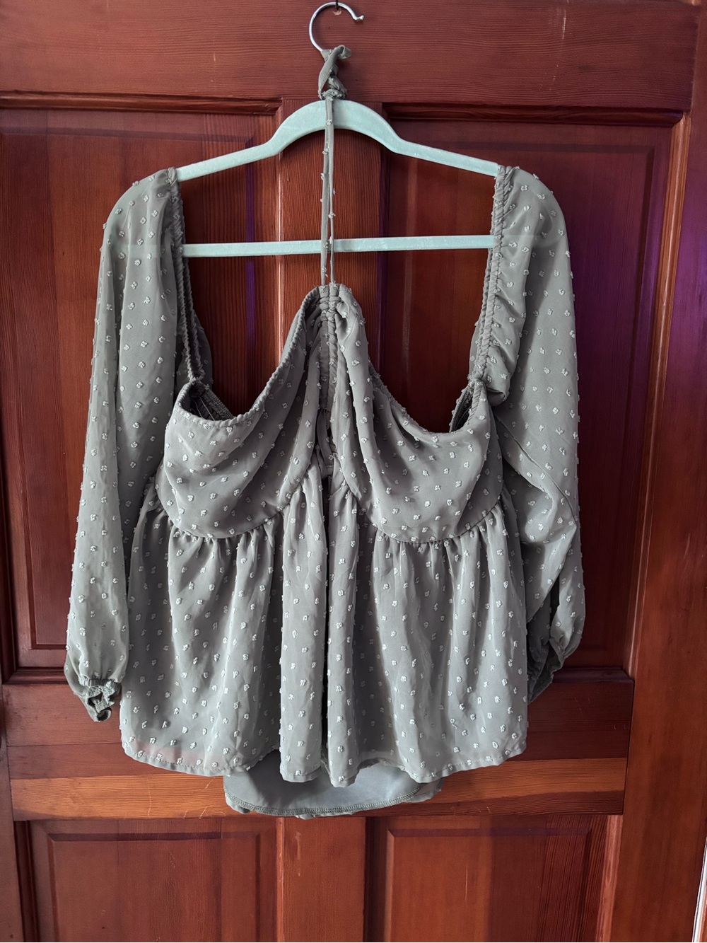 Women’s Olive Green Off the Shoulder Blouse with Balloon Sleeves